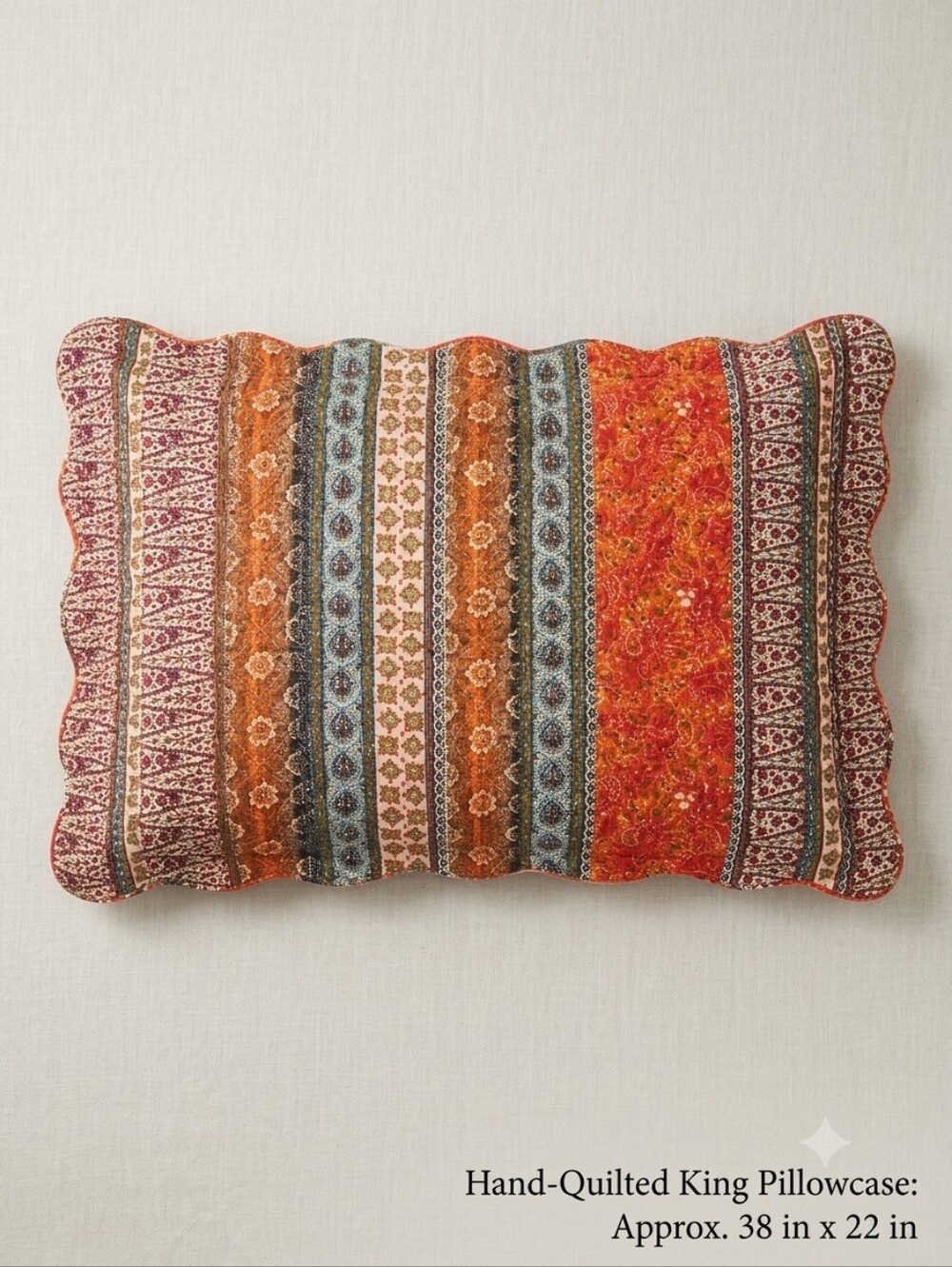 Boho Quilted King Sham Pillowcase Scalloped Edge Rust Orange Blue 38x22 - Picture 2 of 7